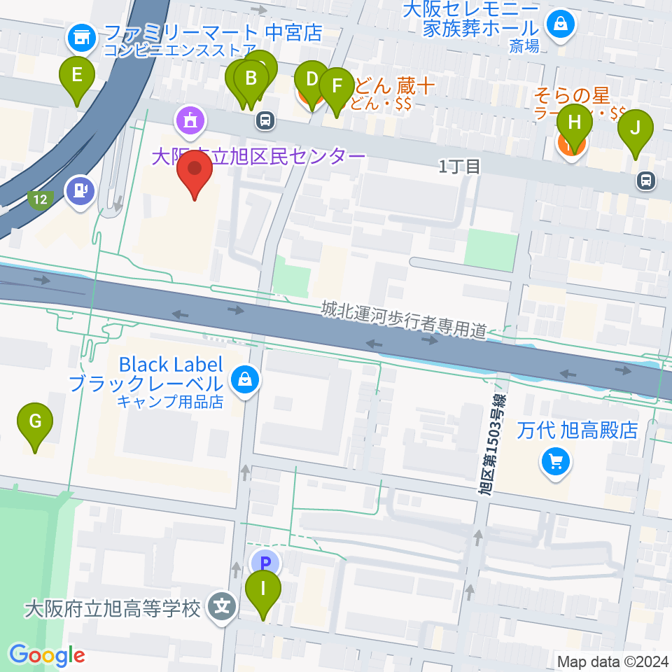 大阪市立旭区民センター周辺のファミレス・ファーストフード一覧地図