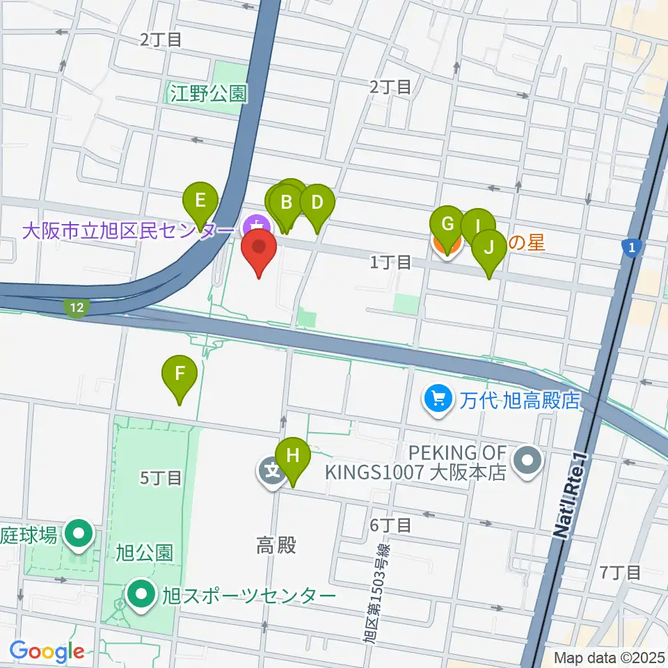 大阪市立旭区民センター周辺のファミレス・ファーストフード一覧地図