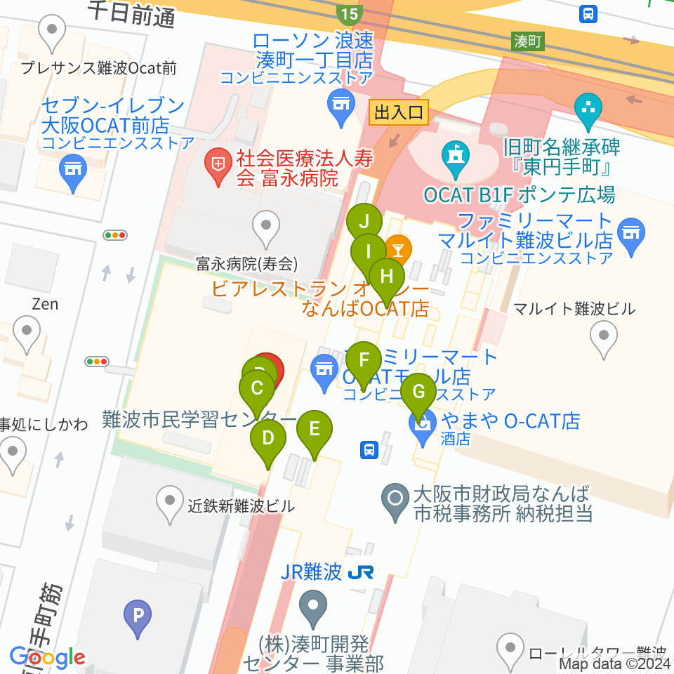 難波市民学習センター周辺のファミレス・ファーストフード一覧地図