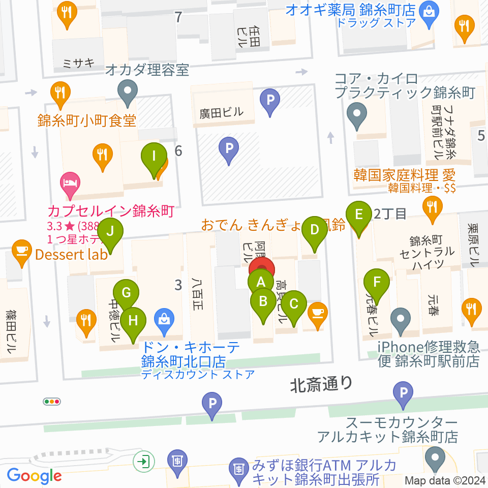 錦糸町アーリーバード周辺のファミレス・ファーストフード一覧地図