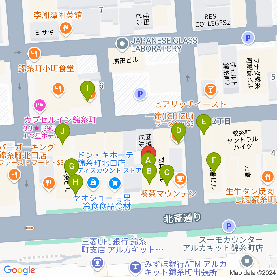 錦糸町アーリーバード周辺のファミレス・ファーストフード一覧地図