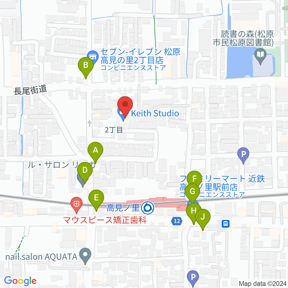 キーススタジオ周辺のファミレス・ファーストフード一覧地図