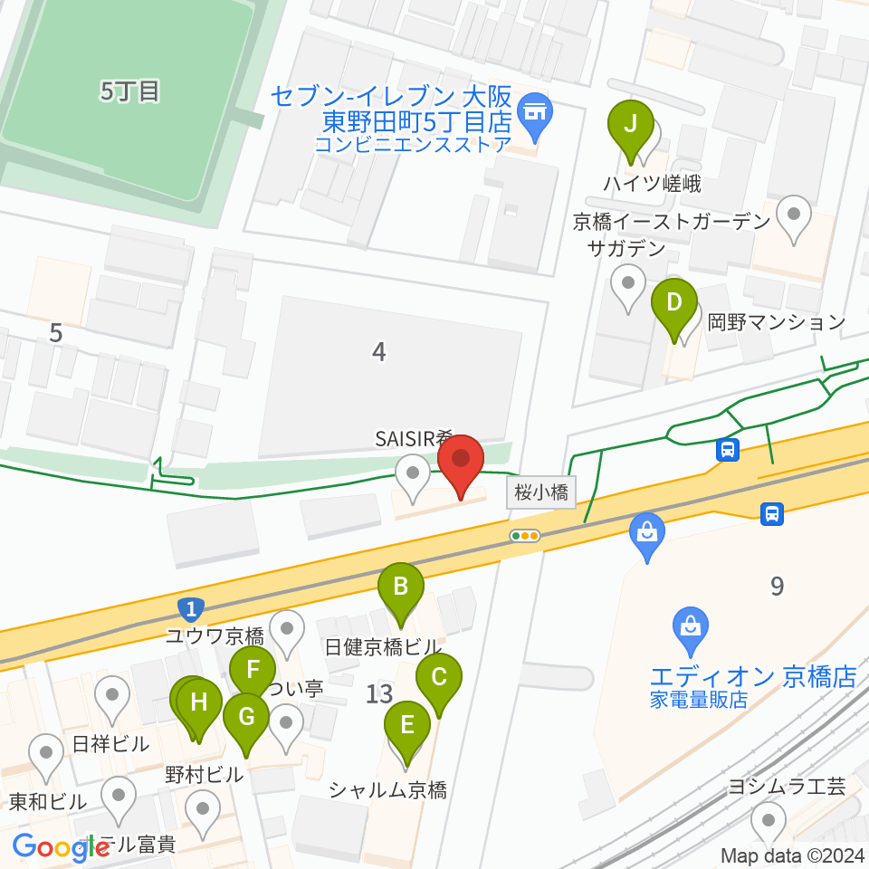 京橋セブンデイズ周辺のファミレス・ファーストフード一覧地図