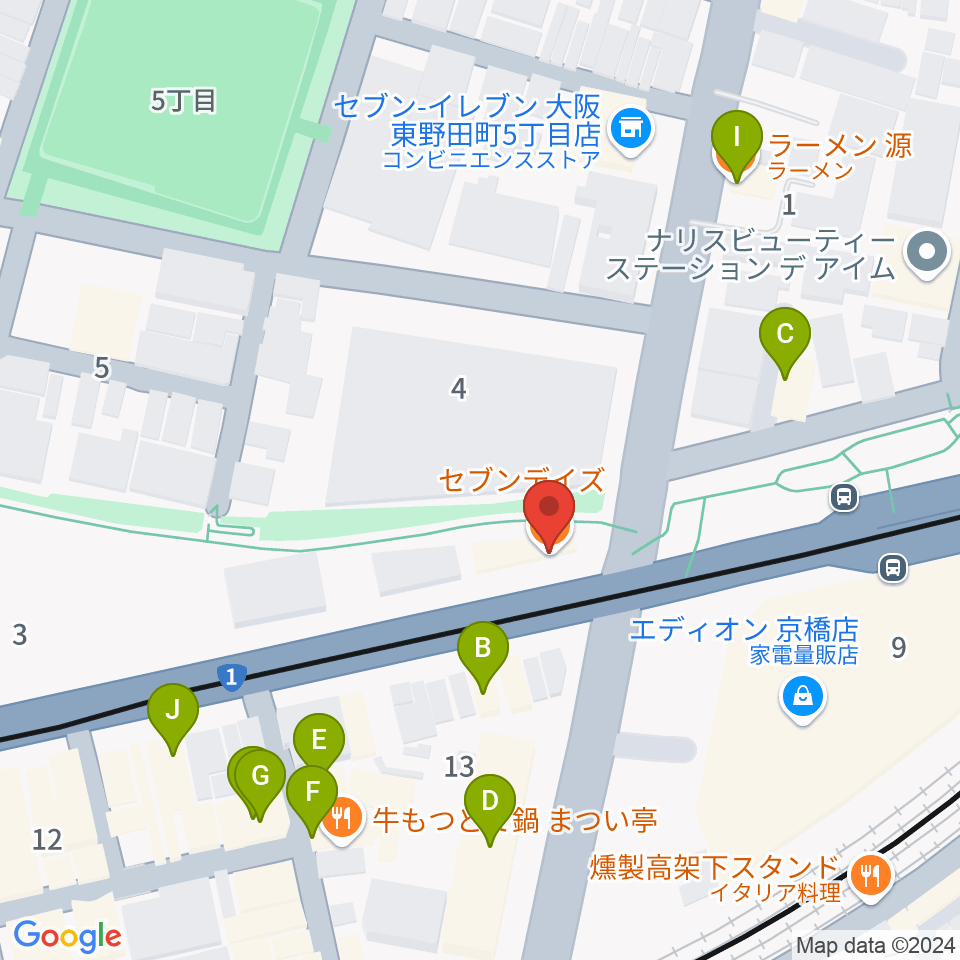 京橋セブンデイズ周辺のファミレス・ファーストフード一覧地図