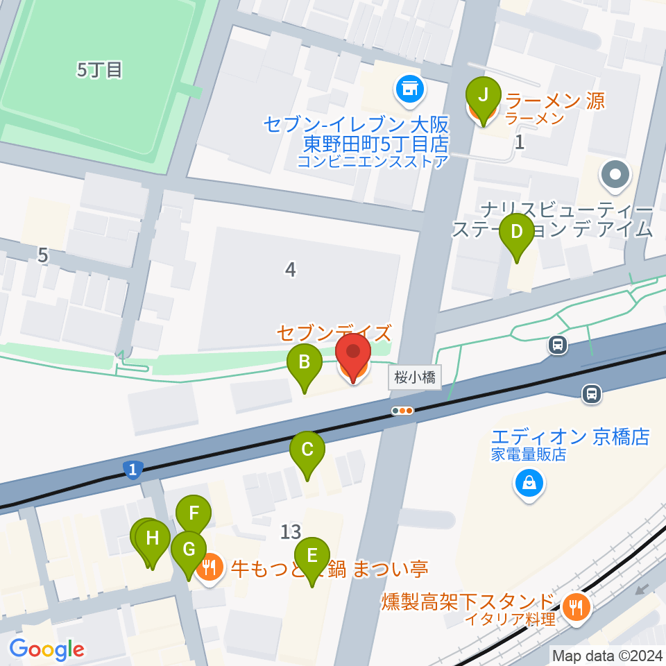 京橋セブンデイズ周辺のファミレス・ファーストフード一覧地図