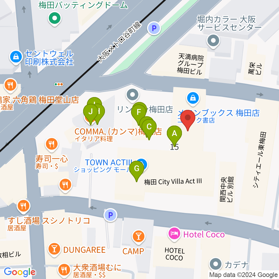 梅田アクトスリーホール周辺のファミレス・ファーストフード一覧地図