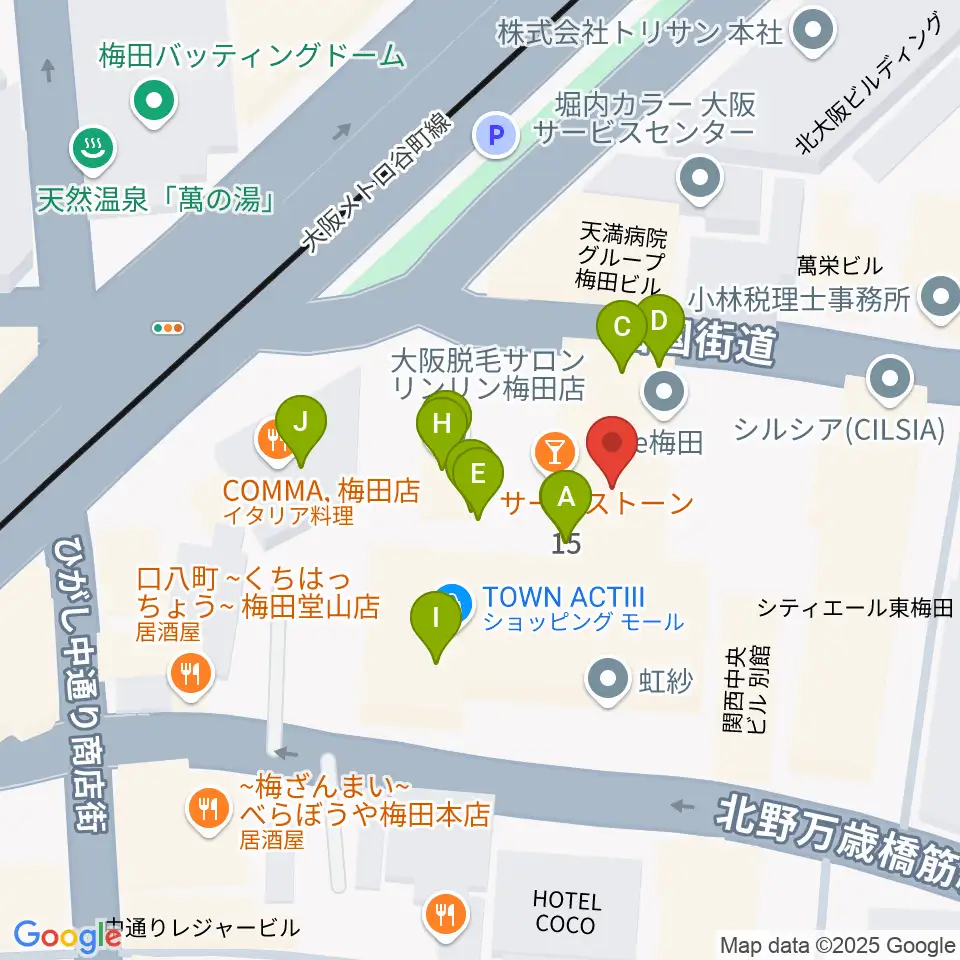 梅田アクトスリーホール周辺のファミレス・ファーストフード一覧地図