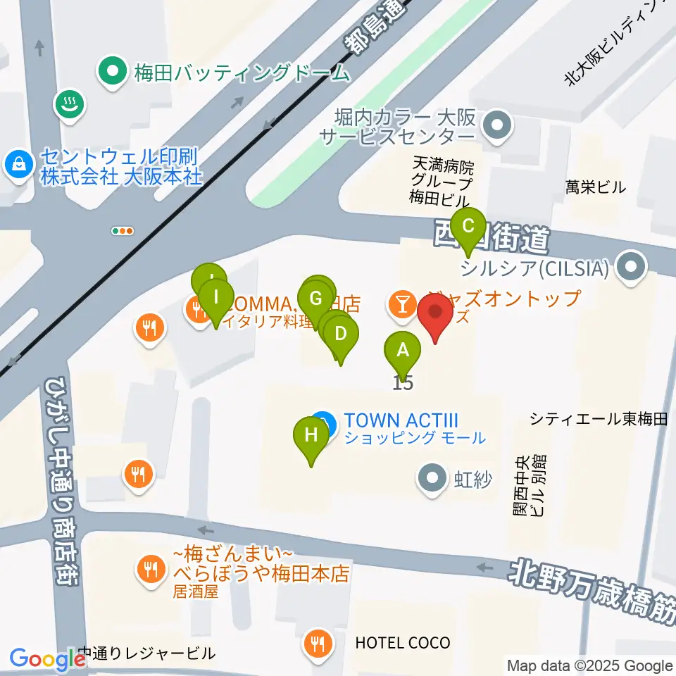 梅田アクトスリーホール周辺のファミレス・ファーストフード一覧地図