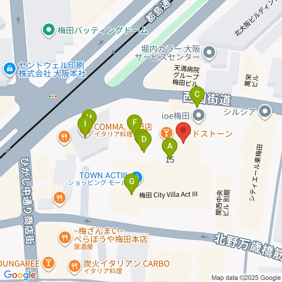 梅田アクトスリーホール周辺のファミレス・ファーストフード一覧地図