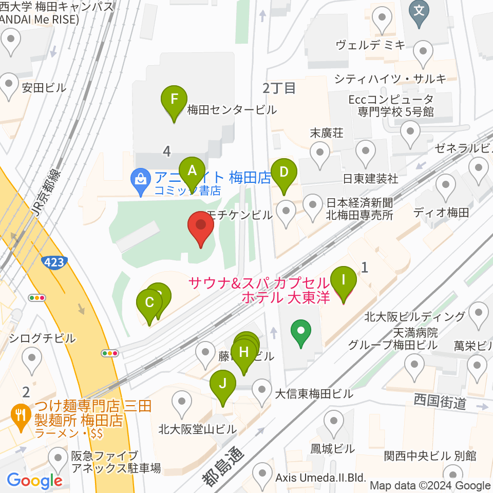 梅田クリスタルホール周辺のファミレス・ファーストフード一覧地図