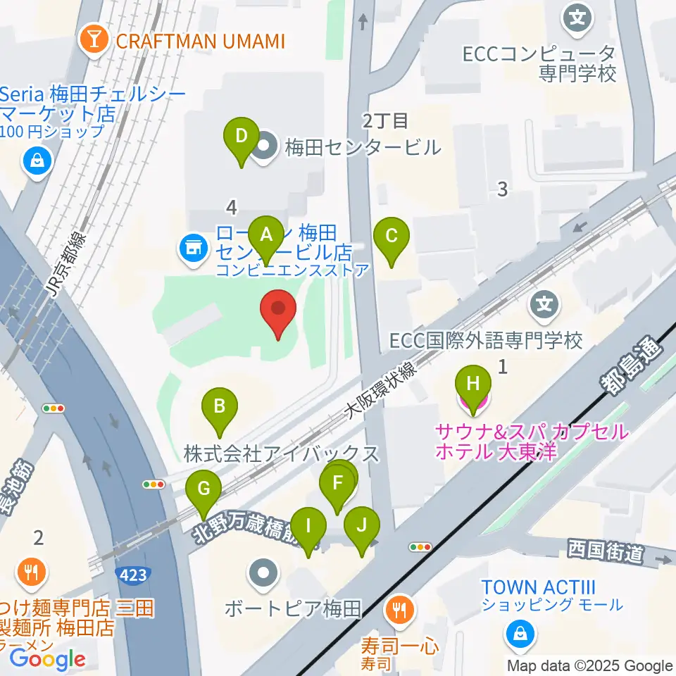 梅田クリスタルホール周辺のファミレス・ファーストフード一覧地図