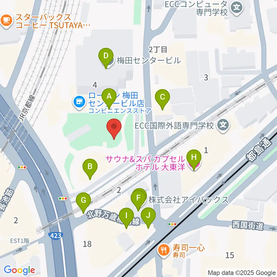 梅田クリスタルホール周辺のファミレス・ファーストフード一覧地図
