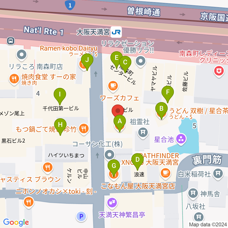 南森町シカゴロック周辺のファミレス・ファーストフード一覧地図