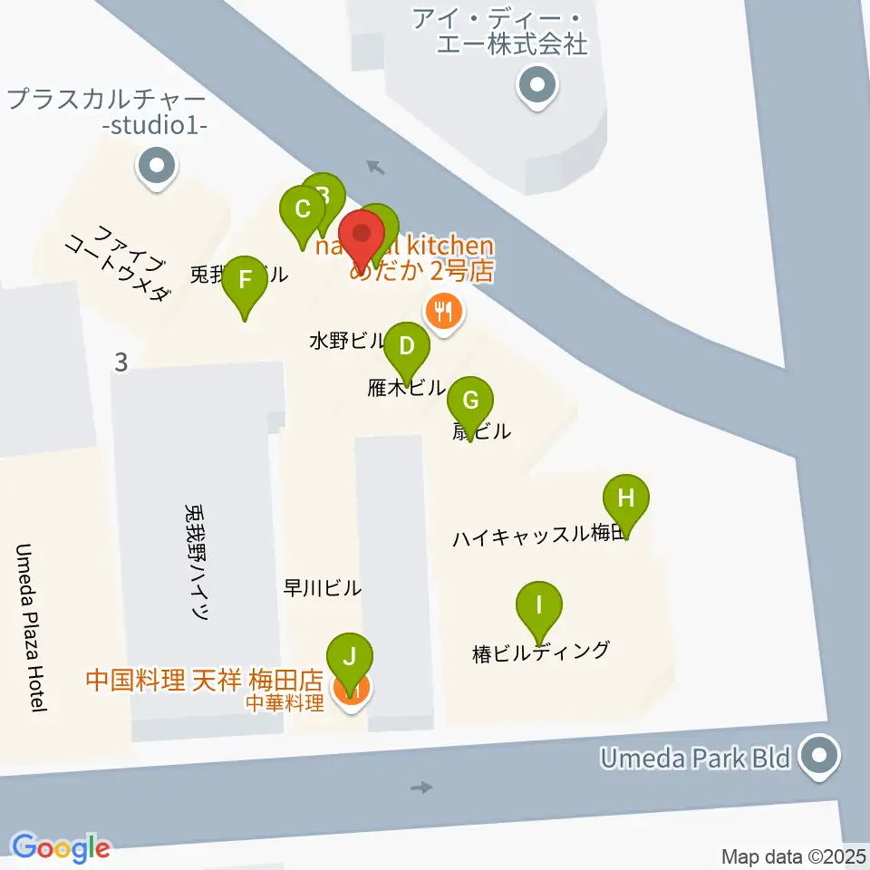梅田ハードレイン周辺のファミレス・ファーストフード一覧地図
