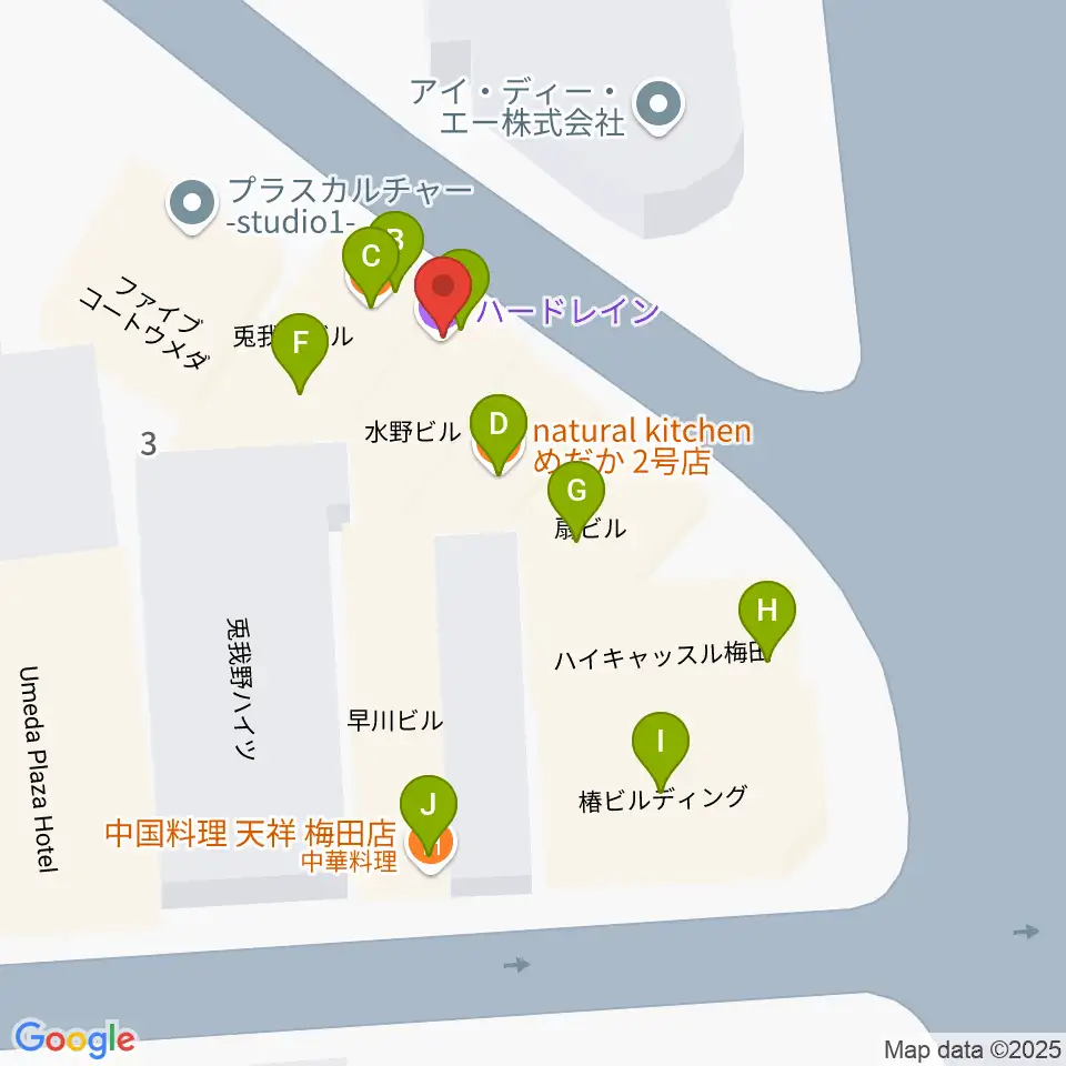 梅田ハードレイン周辺のファミレス・ファーストフード一覧地図