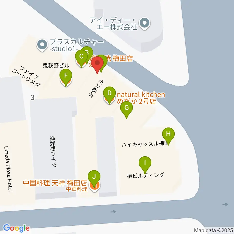 梅田ハードレイン周辺のファミレス・ファーストフード一覧地図