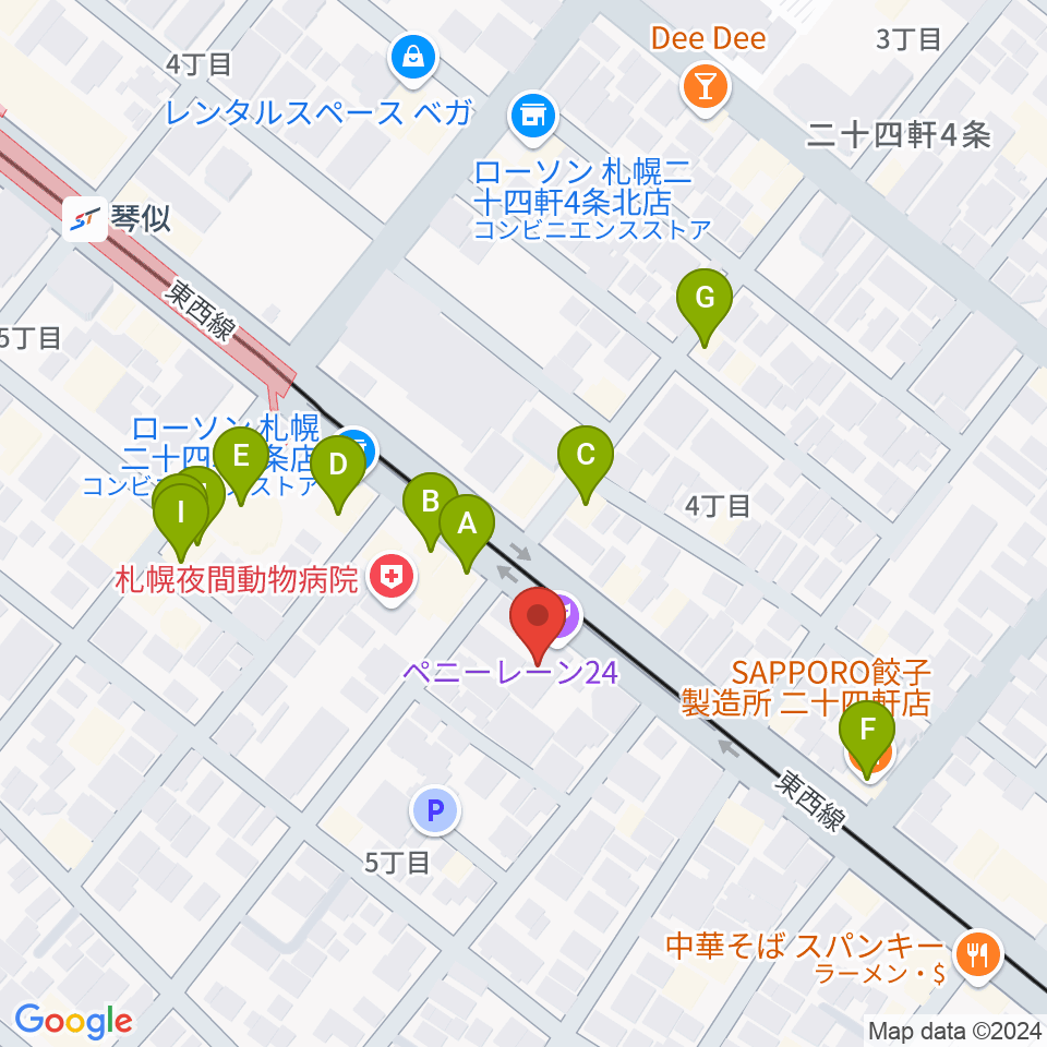 札幌ペニーレーン24周辺のファミレス・ファーストフード一覧地図