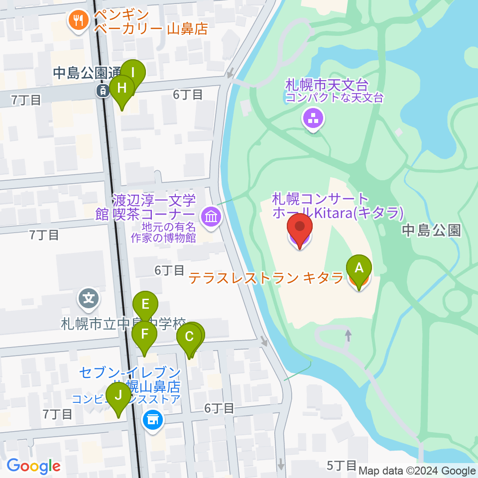 札幌コンサートホールKitara周辺のファミレス・ファーストフード一覧地図