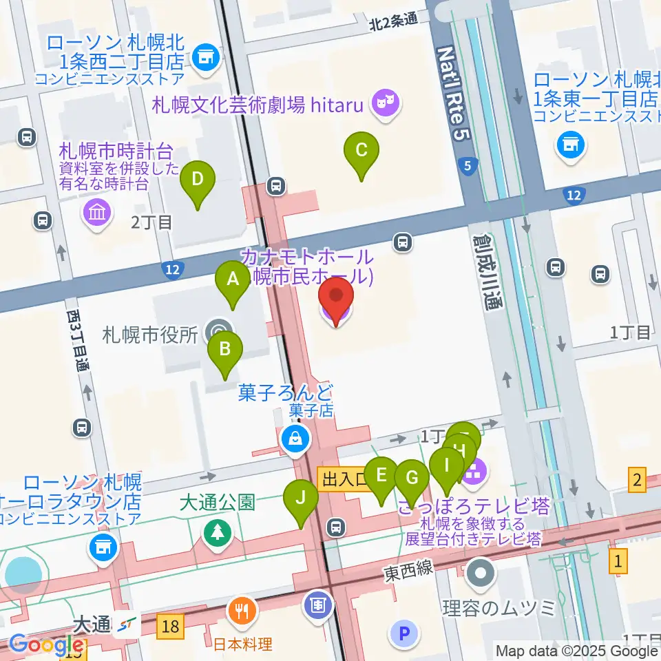 カナモトホール（札幌市民ホール）周辺のファミレス・ファーストフード一覧地図