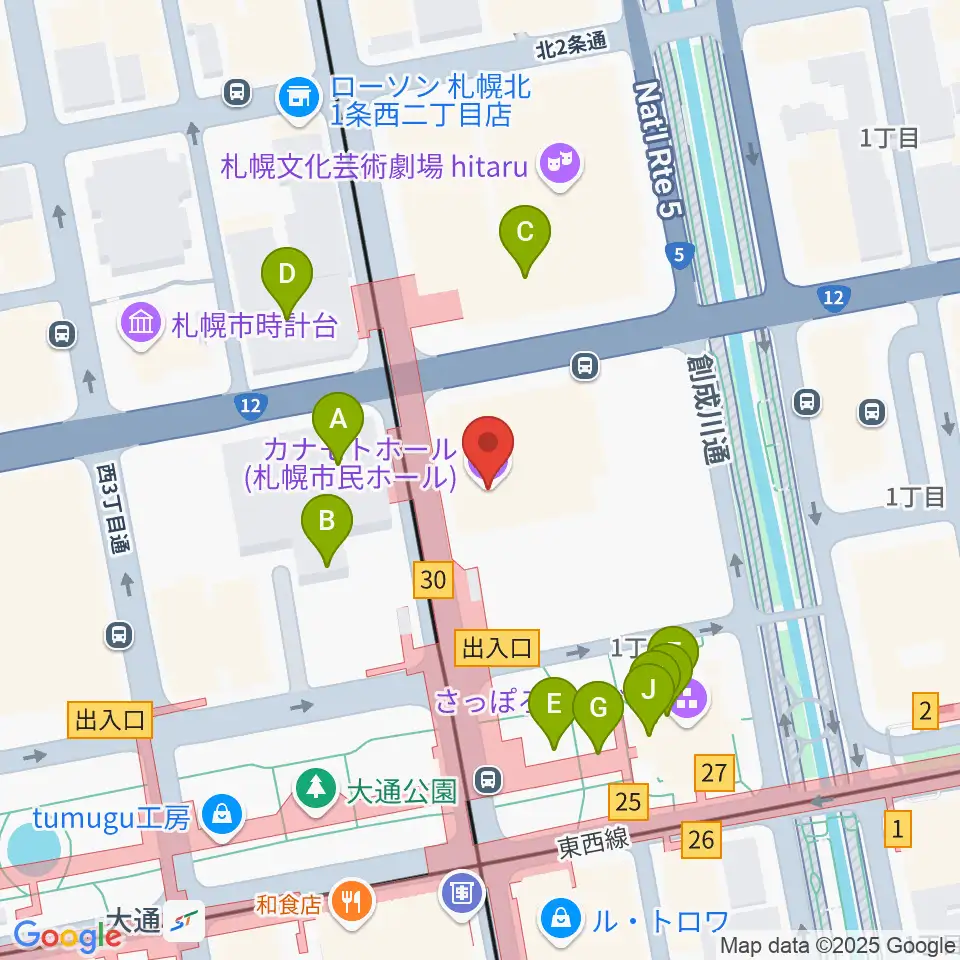 カナモトホール(札幌市民ホール)周辺のファミレス・ファーストフード一覧地図