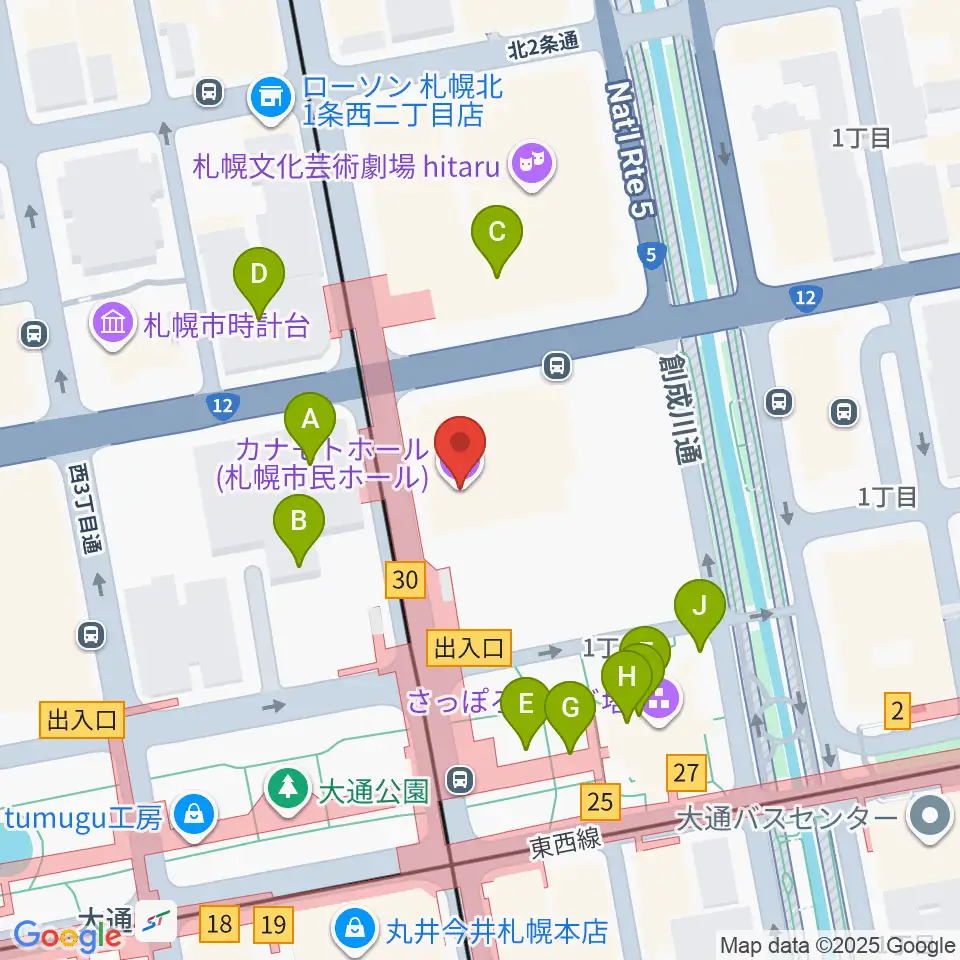 札幌カナモトホール周辺のファミレス・ファーストフード一覧地図