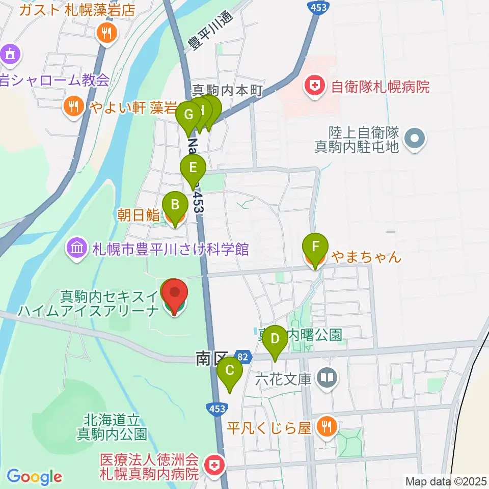 真駒内セキスイハイムアイスアリーナ周辺のファミレス・ファーストフード一覧地図