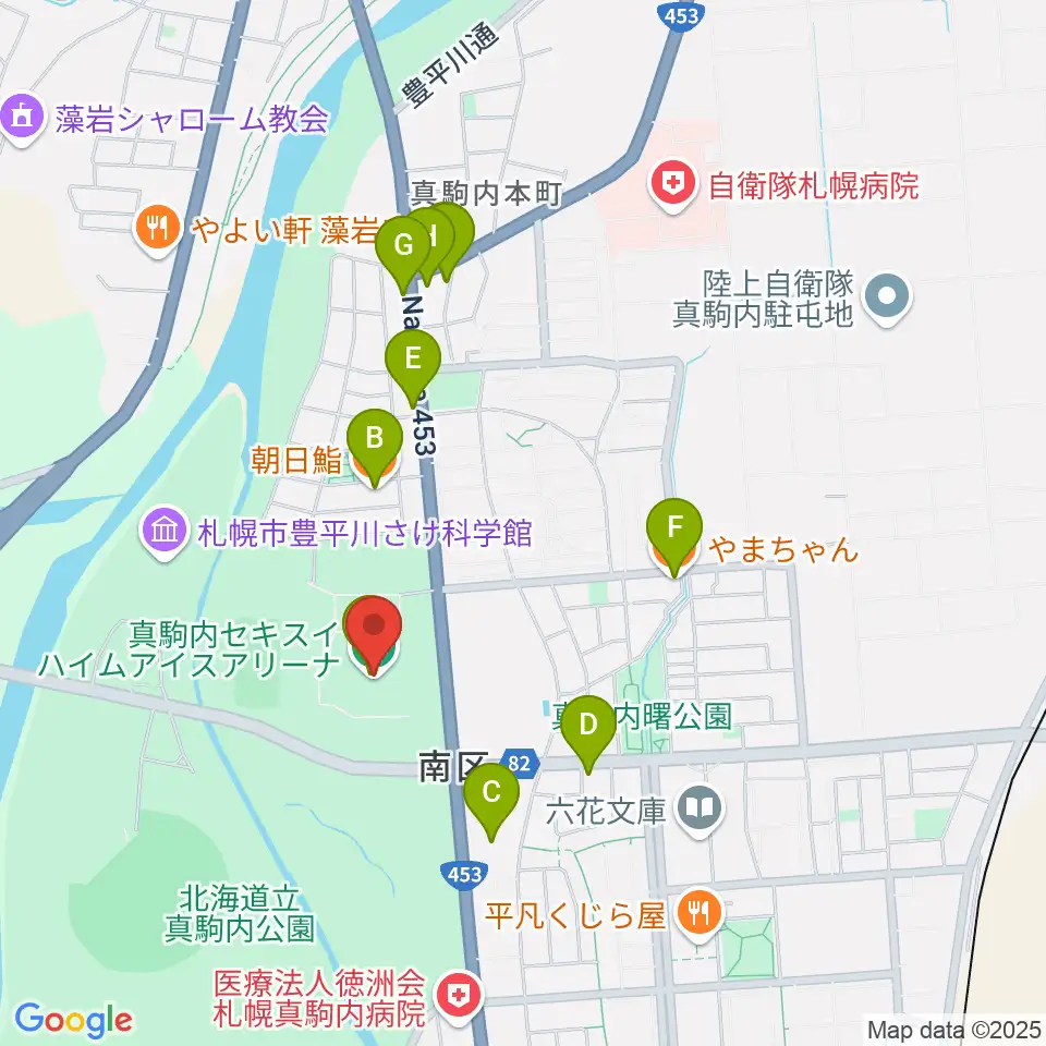 真駒内セキスイハイムアイスアリーナ周辺のファミレス・ファーストフード一覧地図