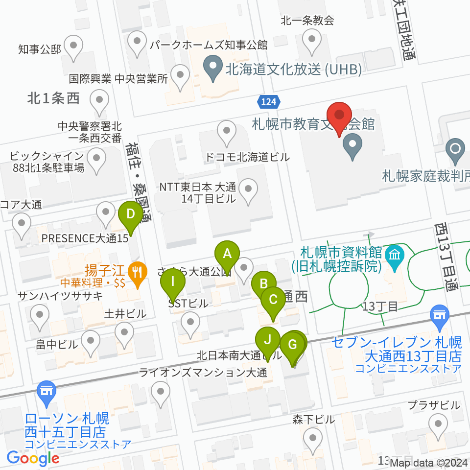 札幌市教育文化会館周辺のファミレス・ファーストフード一覧地図