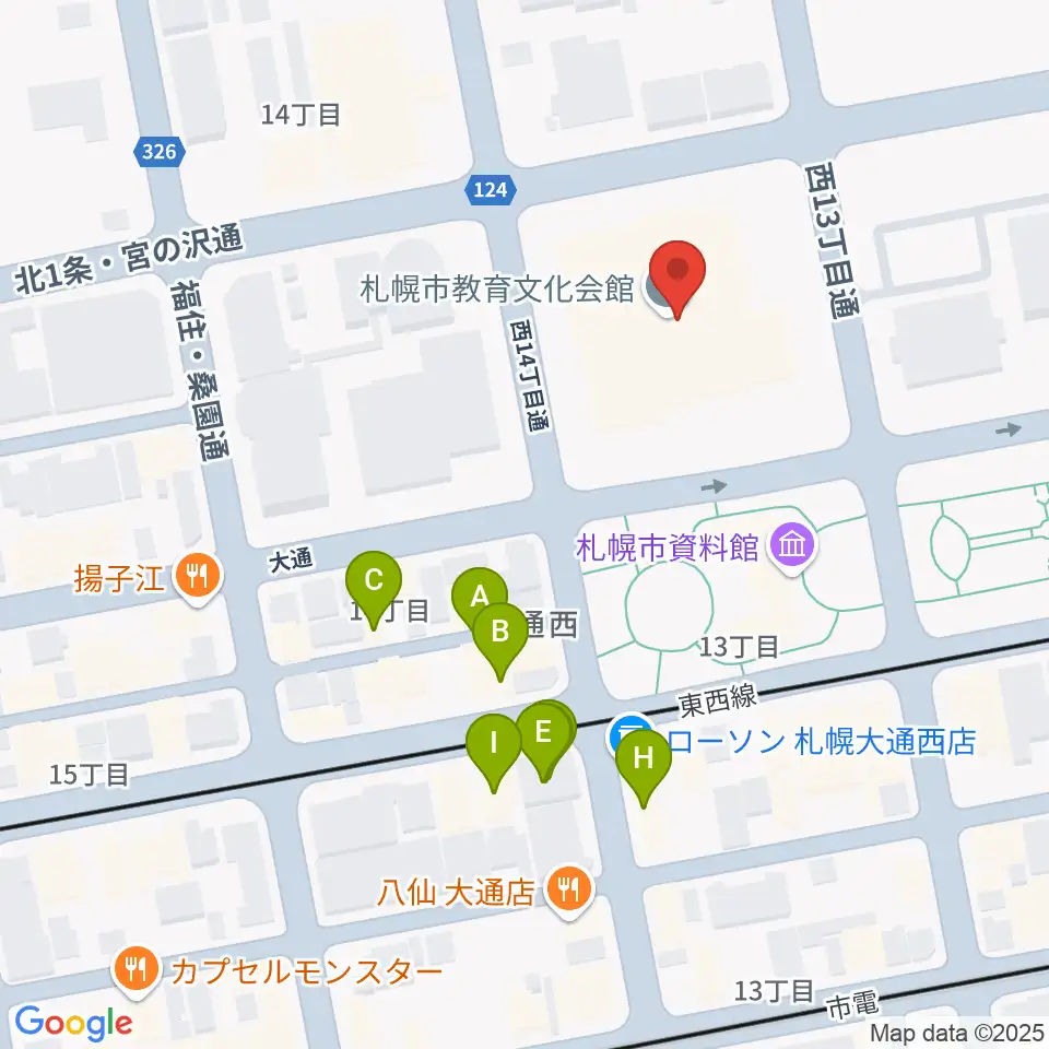 札幌市教育文化会館周辺のファミレス・ファーストフード一覧地図
