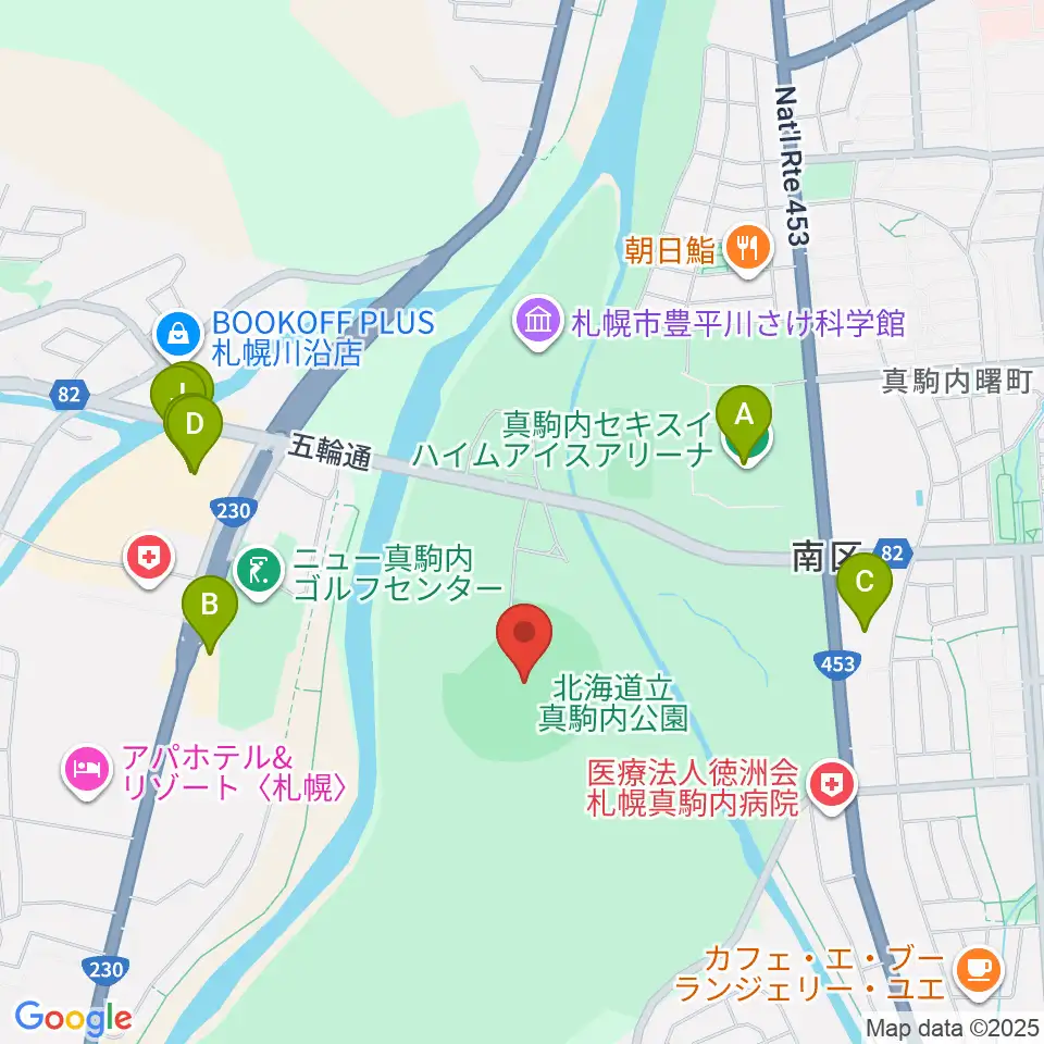 真駒内セキスイハイムスタジアム周辺のファミレス・ファーストフード一覧地図