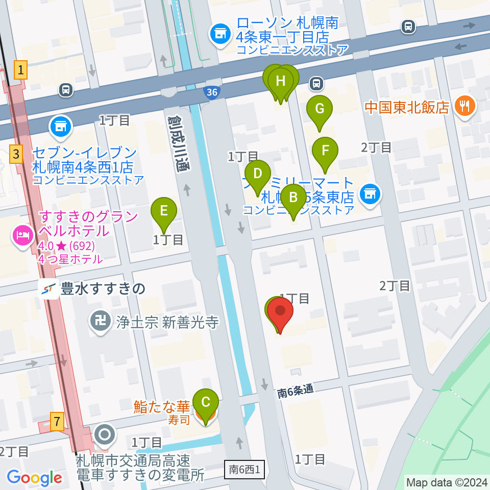 札幌PROVO周辺のファミレス・ファーストフード一覧地図