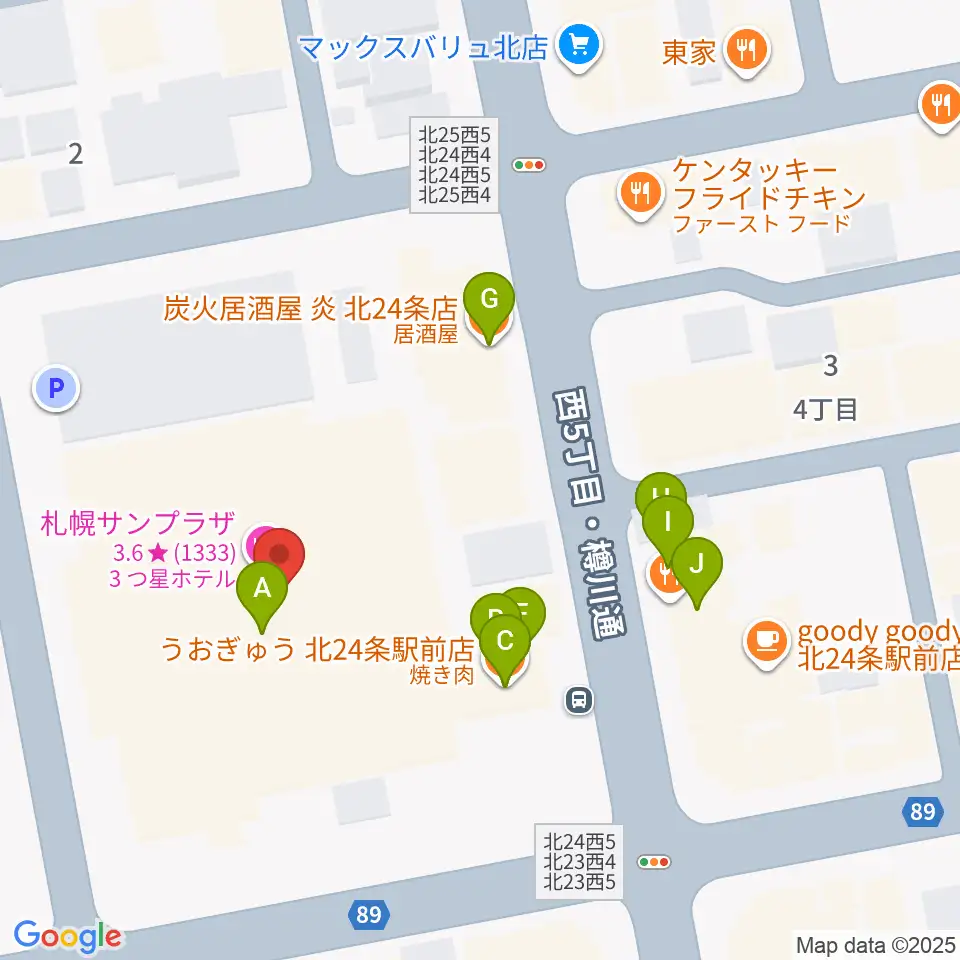 札幌サンプラザホール周辺のファミレス・ファーストフード一覧地図