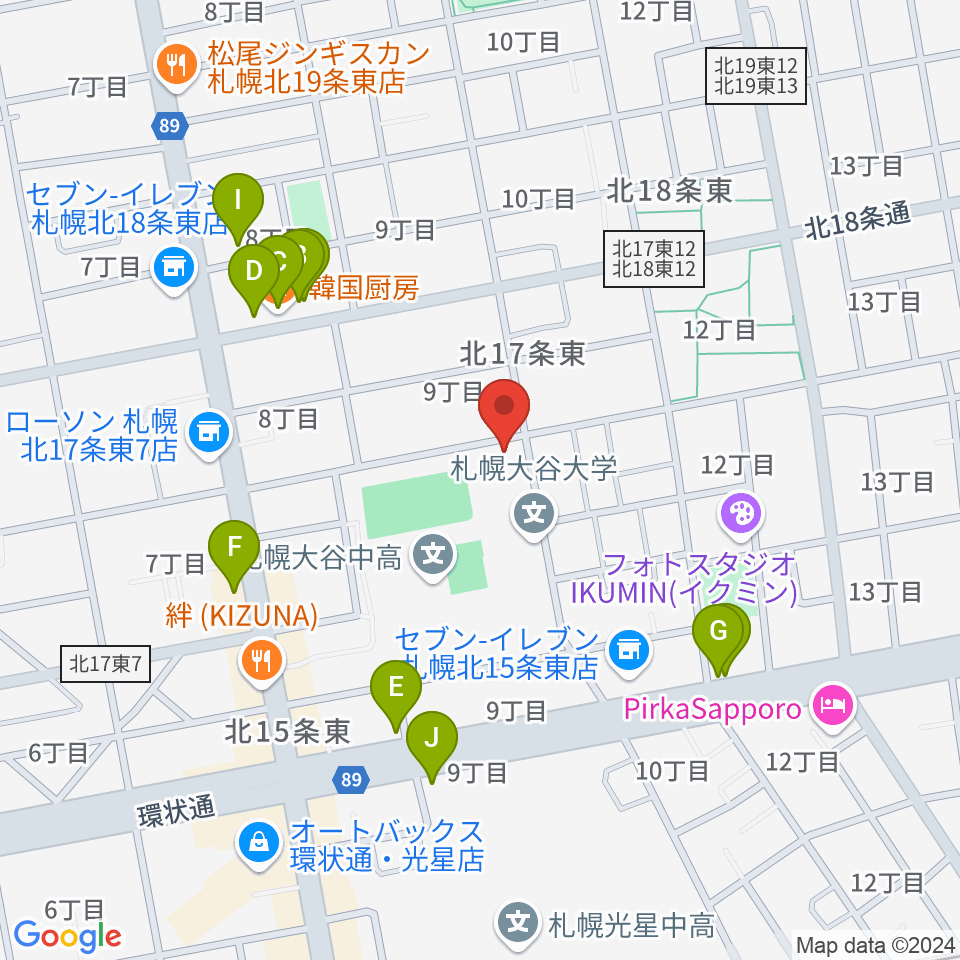 札幌大谷大学 大谷記念ホール周辺のファミレス・ファーストフード一覧地図