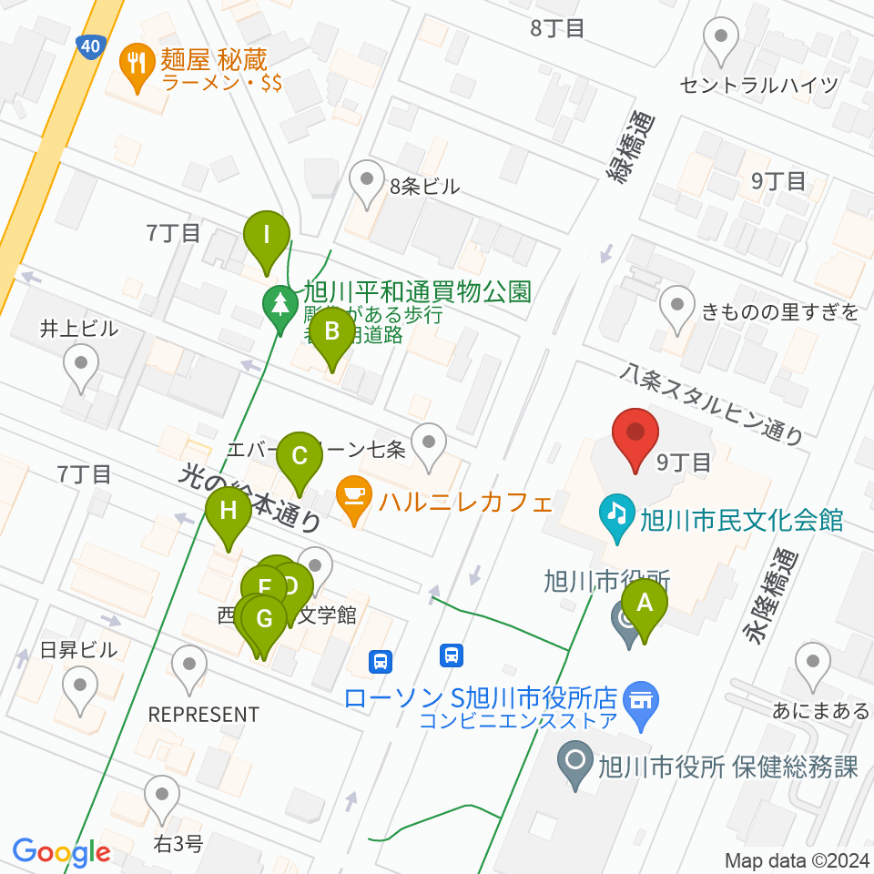 旭川市民文化会館周辺のファミレス・ファーストフード一覧地図
