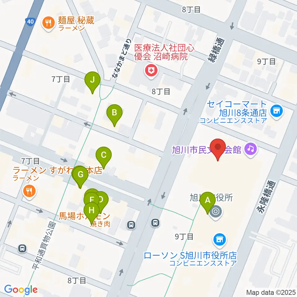 旭川市民文化会館周辺のファミレス・ファーストフード一覧地図