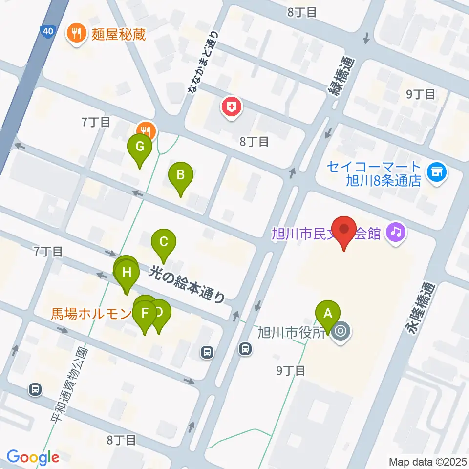 旭川市民文化会館周辺のファミレス・ファーストフード一覧地図