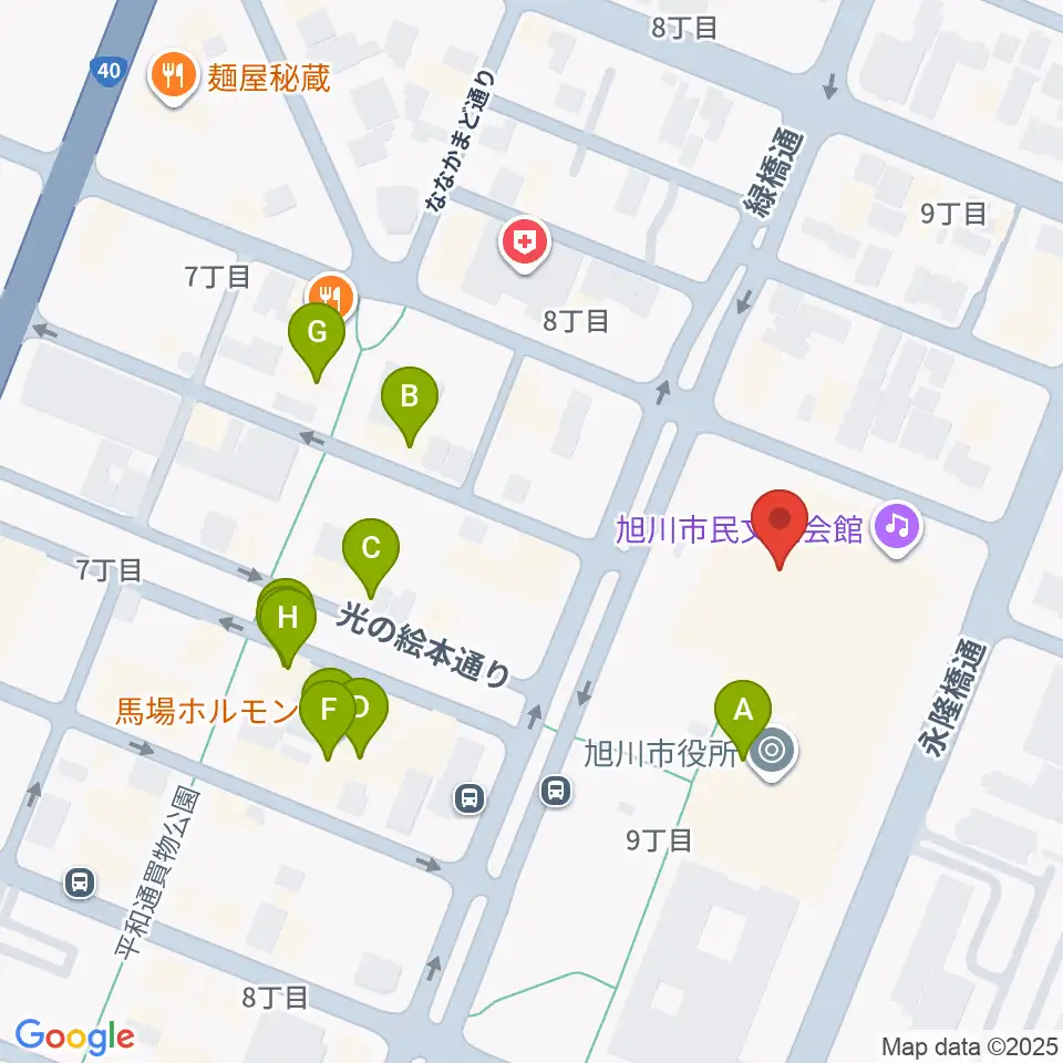 旭川市民文化会館周辺のファミレス・ファーストフード一覧地図