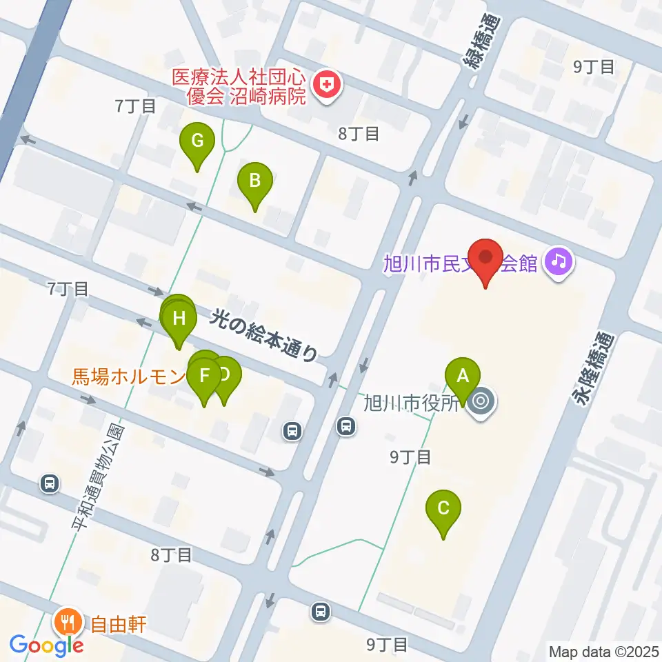 旭川市民文化会館周辺のファミレス・ファーストフード一覧地図