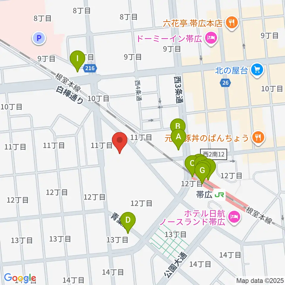 帯広市民文化ホール周辺のファミレス・ファーストフード一覧地図