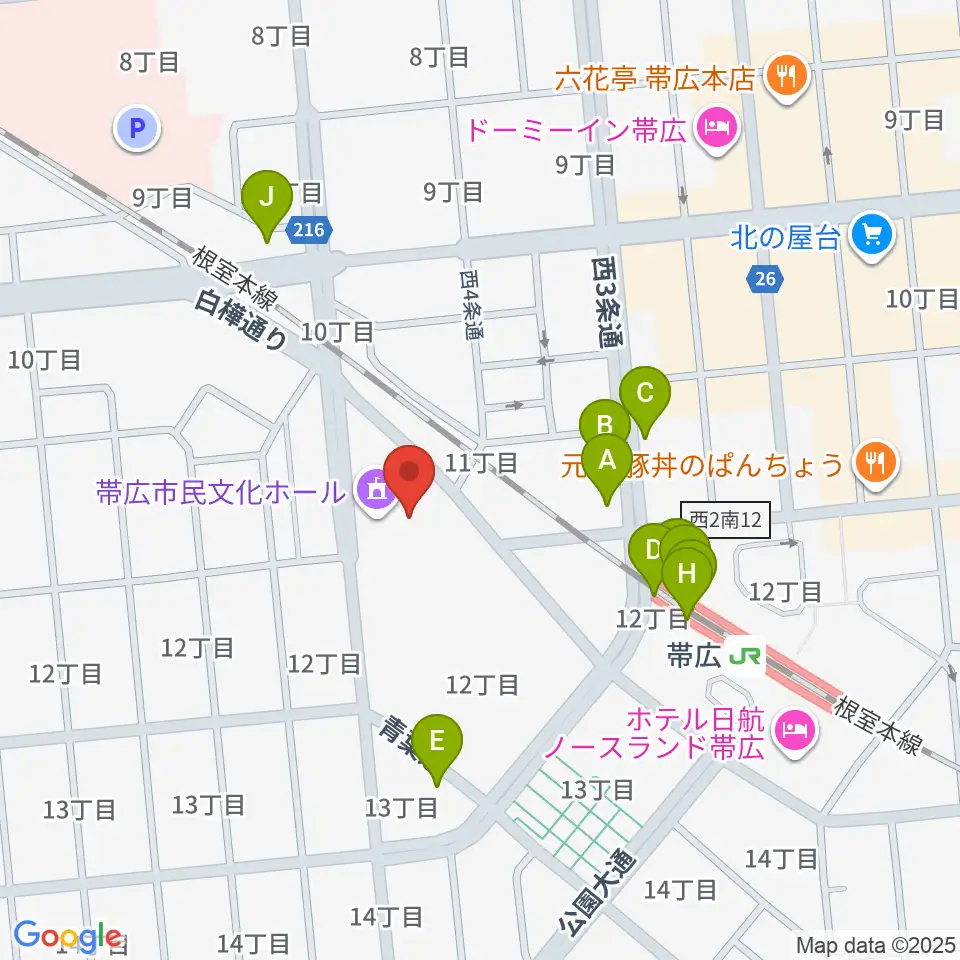 帯広市民文化ホール周辺のファミレス・ファーストフード一覧地図