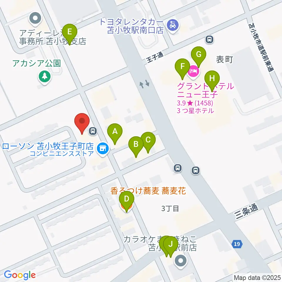 苫小牧エルキューブ周辺のファミレス・ファーストフード一覧地図