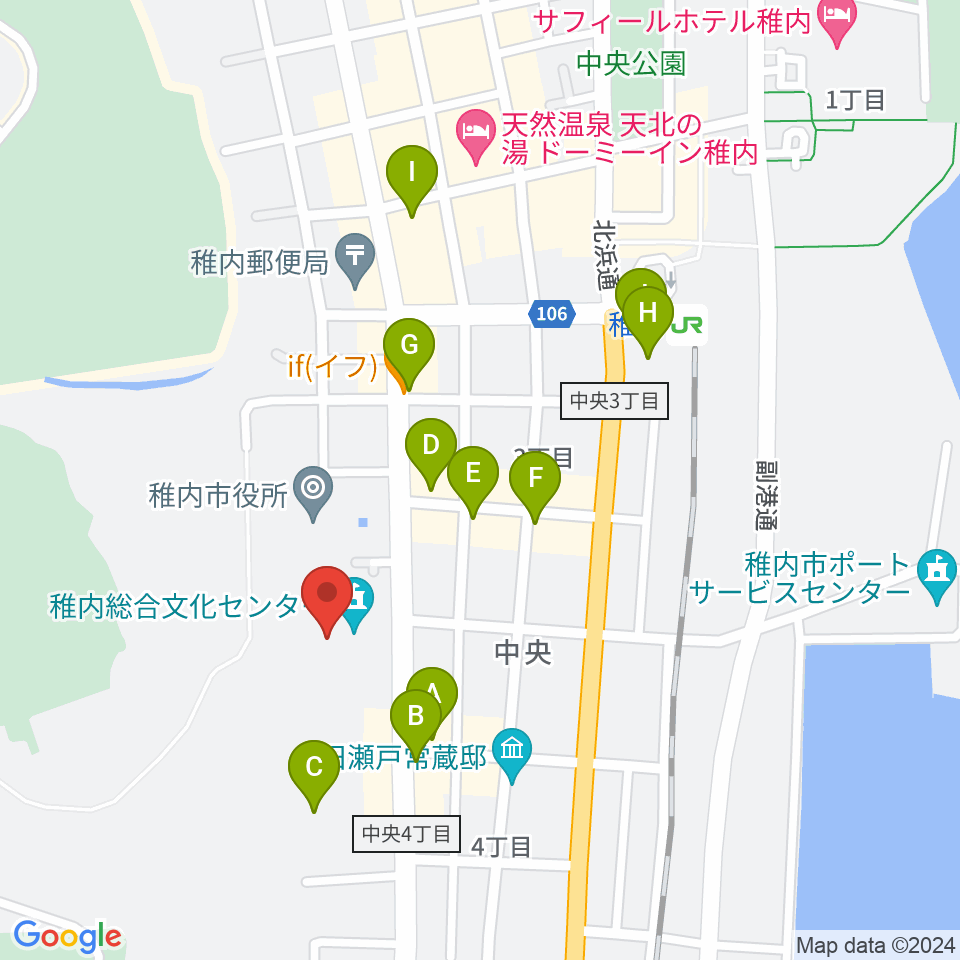 稚内総合文化センター周辺のファミレス・ファーストフード一覧地図