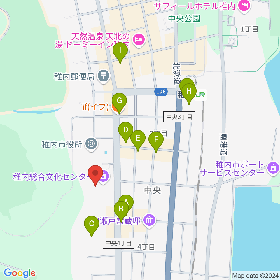 稚内総合文化センター周辺のファミレス・ファーストフード一覧地図