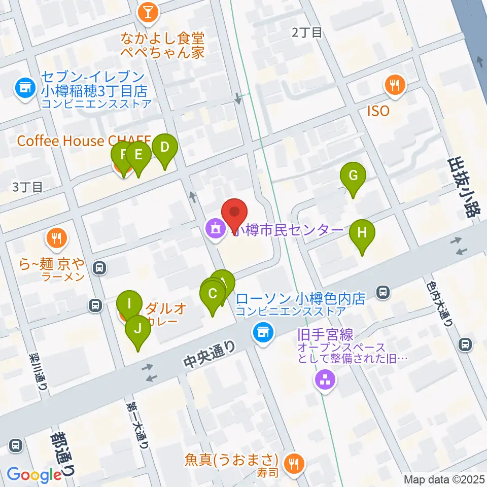 小樽市民センター マリンホール周辺のファミレス・ファーストフード一覧地図