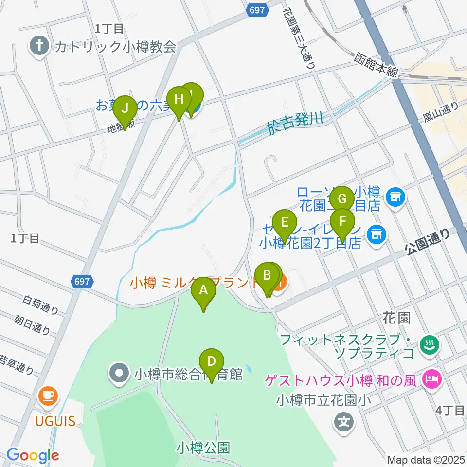 小樽市民会館周辺のファミレス・ファーストフード一覧地図