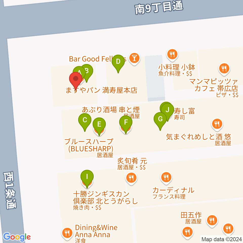 帯広B♭M7周辺のファミレス・ファーストフード一覧地図