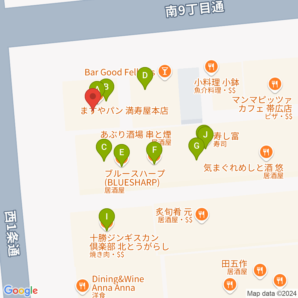 帯広B♭M7周辺のファミレス・ファーストフード一覧地図