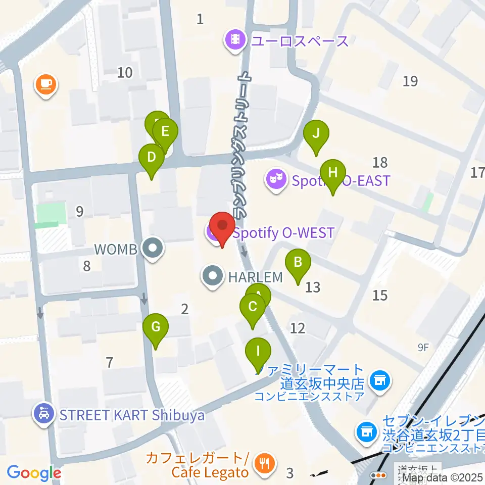 渋谷Spotify O-WEST周辺のファミレス・ファーストフード一覧地図