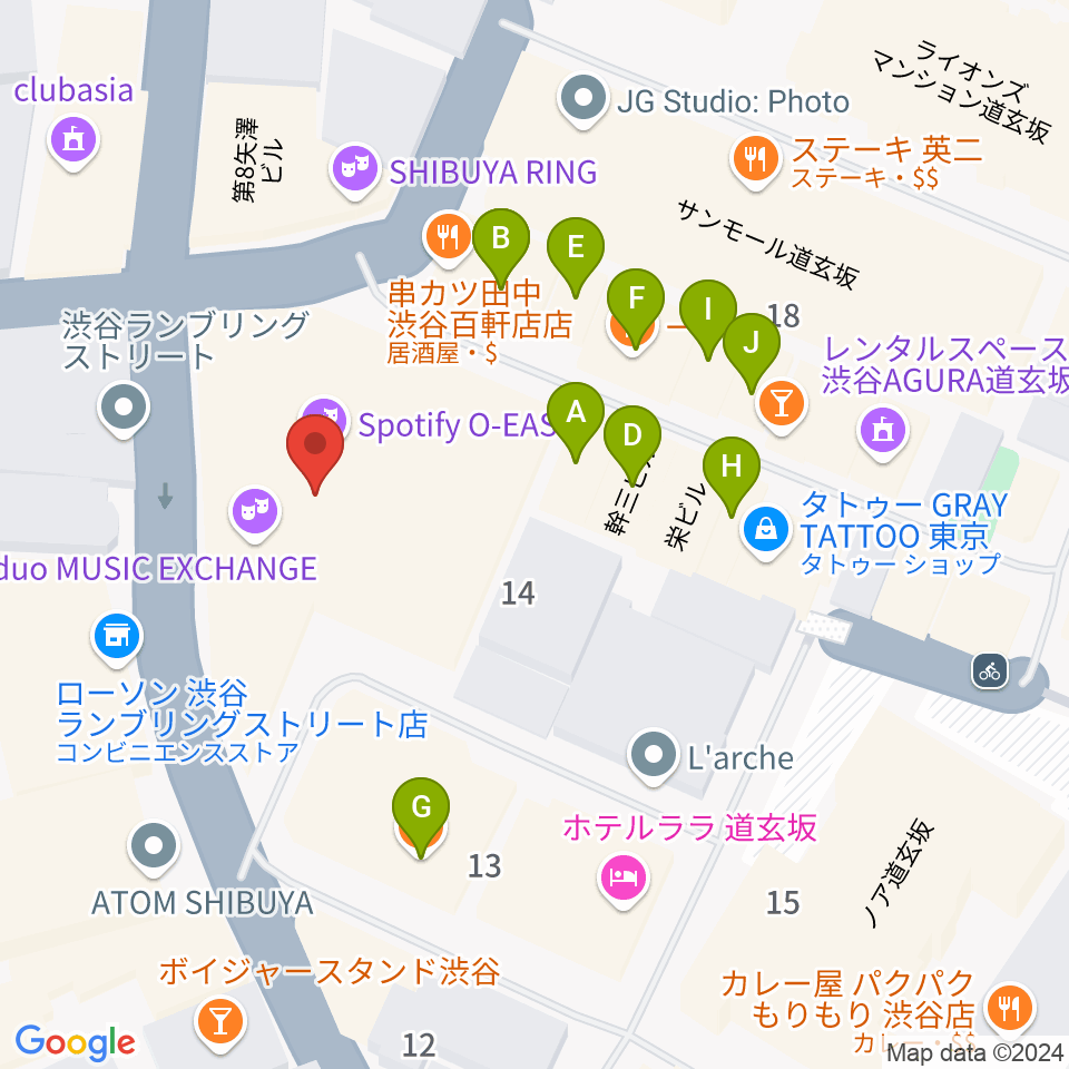 渋谷Spotify O-EAST周辺のファミレス・ファーストフード一覧地図