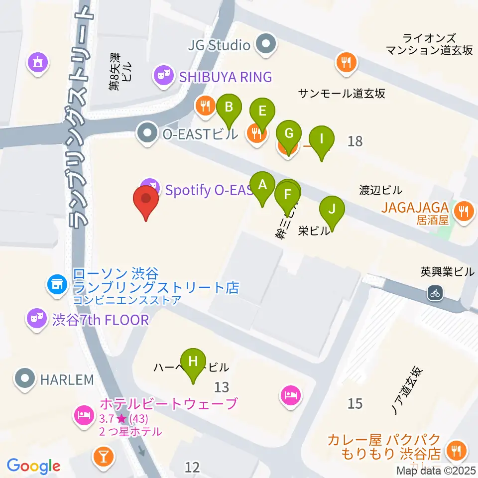 渋谷Spotify O-EAST周辺のファミレス・ファーストフード一覧地図